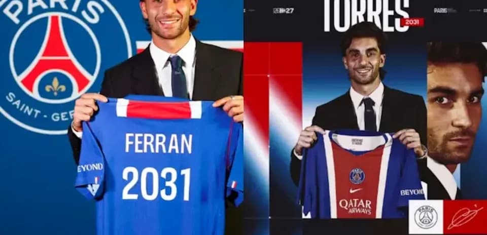 Ferran Torres presentando camiseta del PSG con logo