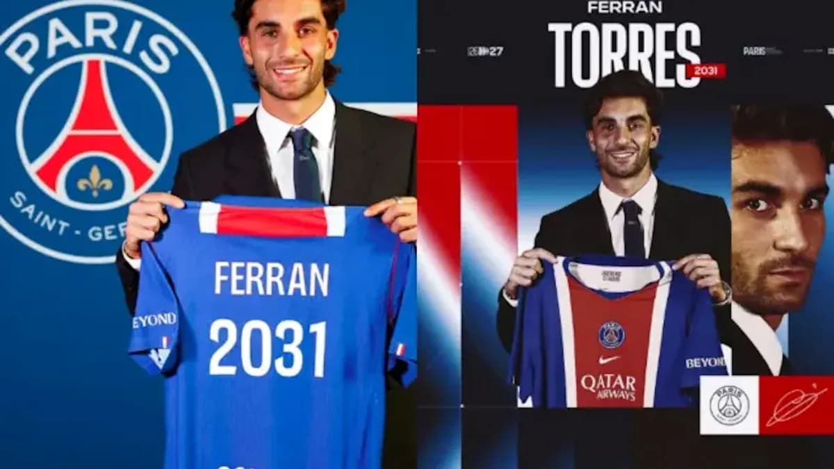 Ferran Torres presentando camiseta del PSG con logo