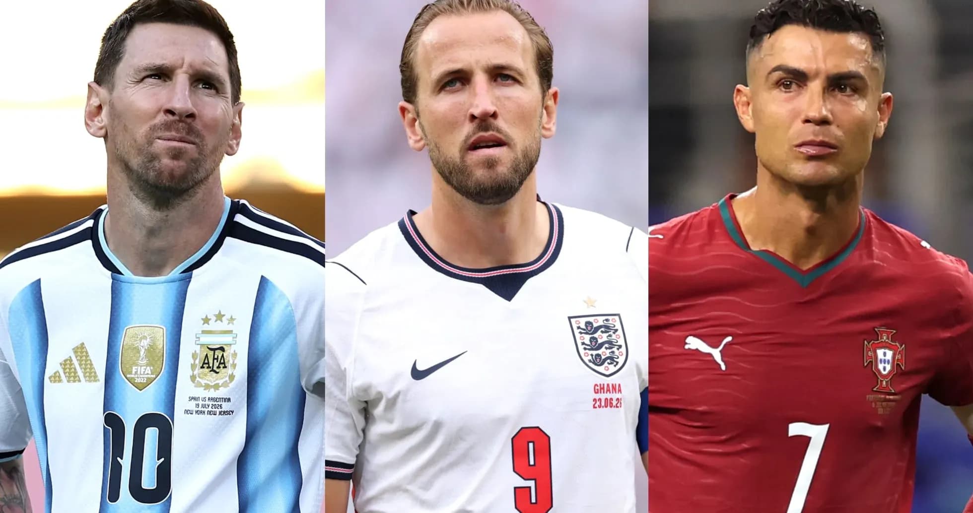 Tres jugadores de fútbol en sus camisetas nacionales