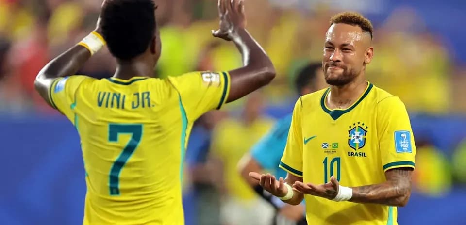 Neymar y Vinícius Jr. celebrando en partido de Brasil