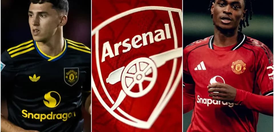 Jugadores de Arsenal y Manchester United con logos