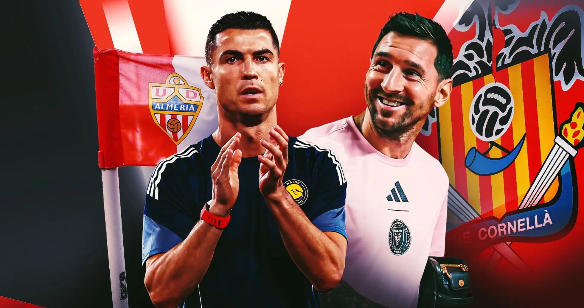 Cristiano Ronaldo y portero sonriente frente a banderas