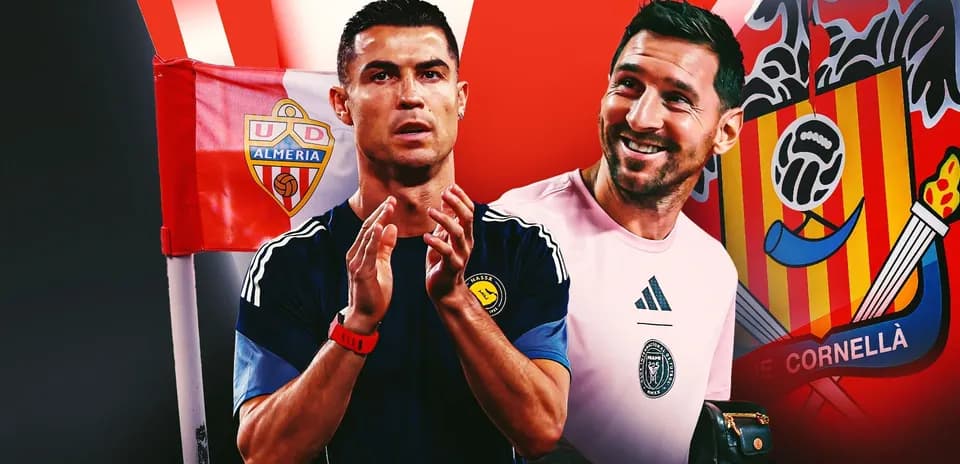 Cristiano Ronaldo y portero sonriente frente a banderas