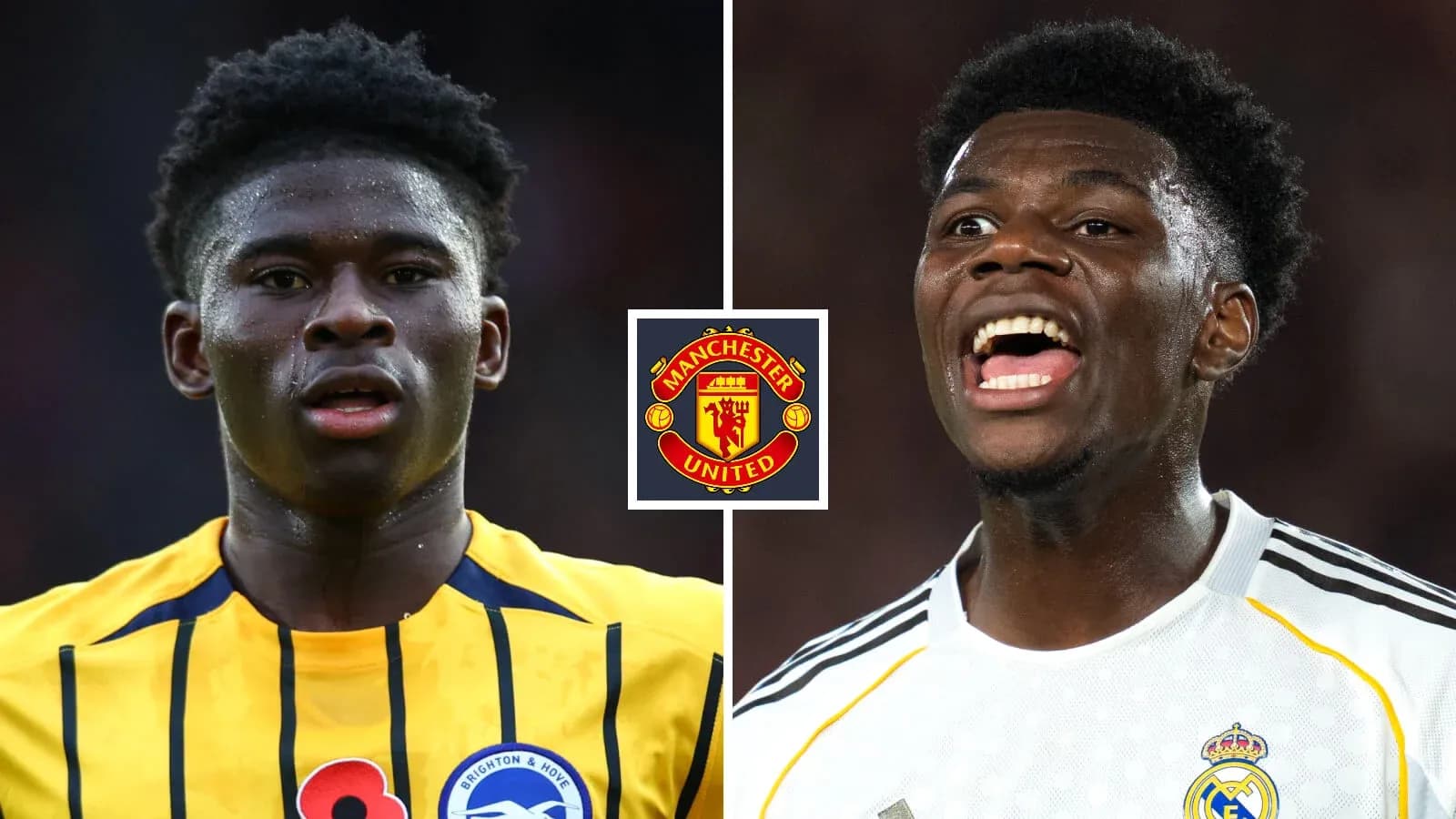 Dos jugadores de fútbol en acción con logotipo de Manchester United