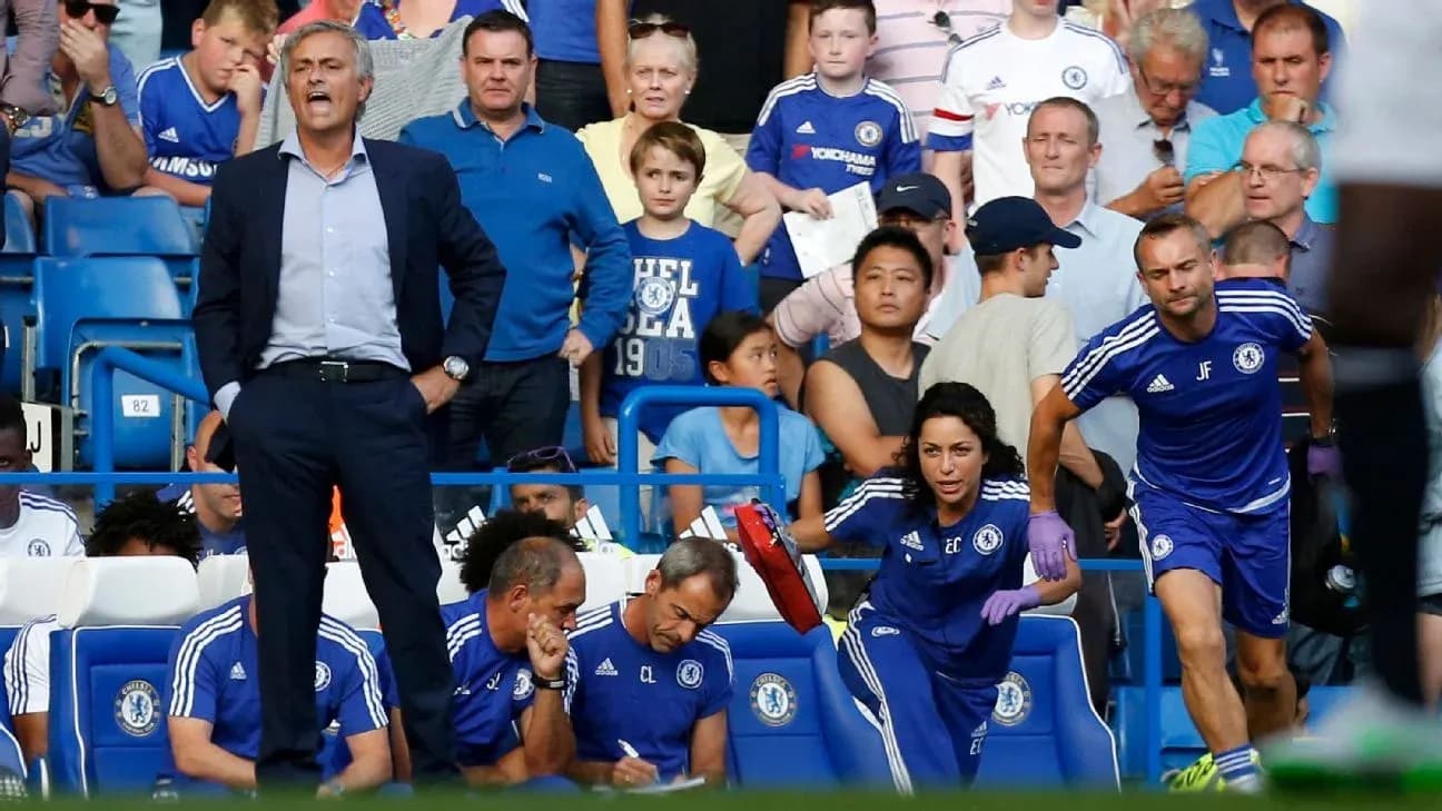 José Mourinho directing players on Chelsea bench