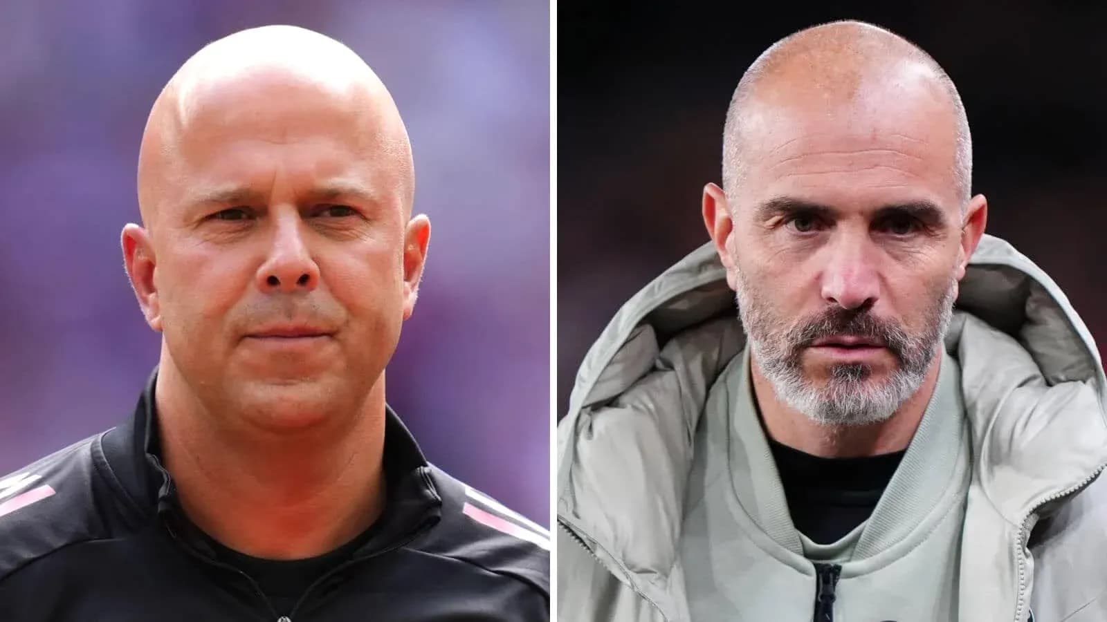 Dos entrenadores posando para la cámara en el estadio