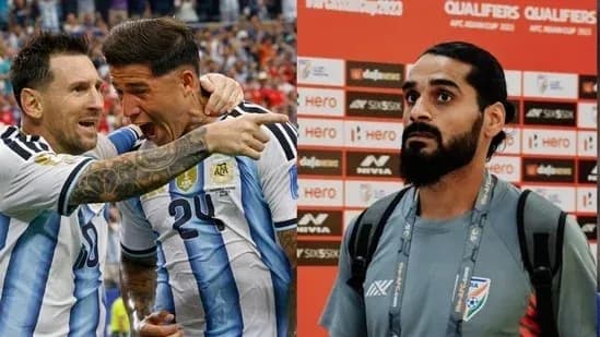 Jugadores de Argentina celebrando y un periodista en conferencia
