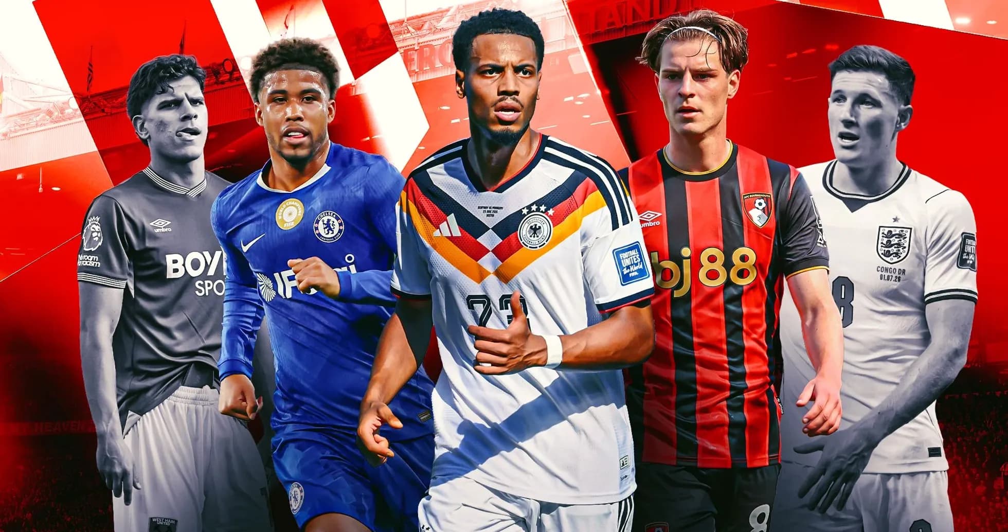 Cinco futbolistas en camisetas de clubes y selecciones