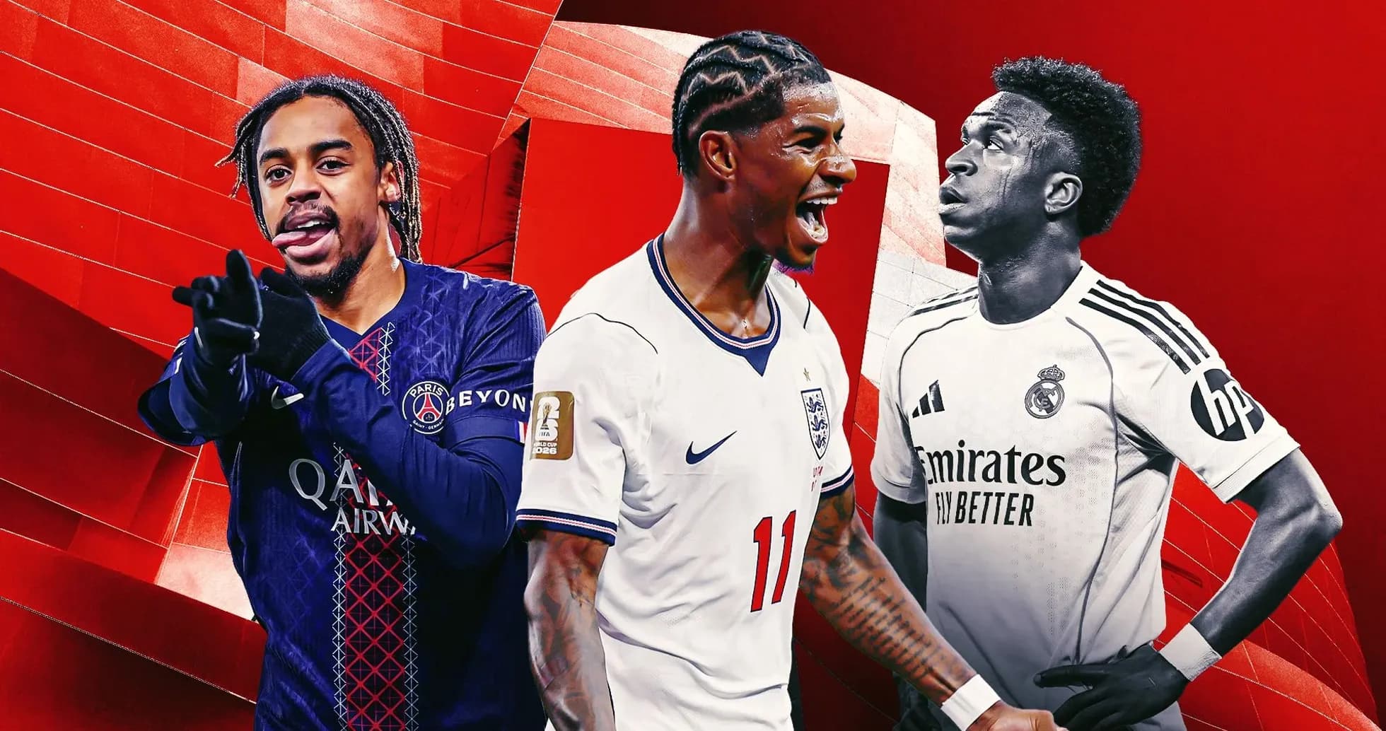 Tres jugadores de fútbol en fondo rojo