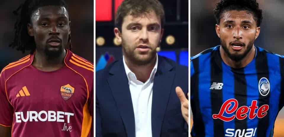 Tres personas, dos futbolistas y un comentarista deportivo