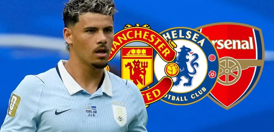 Jugador con camiseta de Uruguay frente a logotipos de clubes