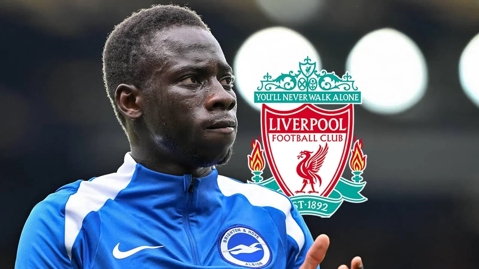 Jugador de Brighton con logo de Liverpool detrás