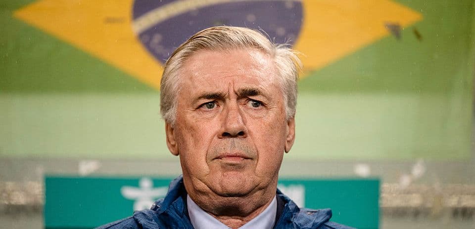 Entrenador de Brasil frente a fondo de bandera