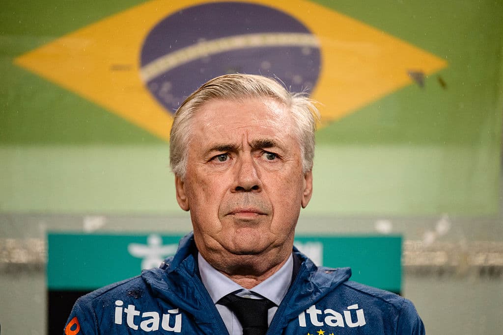 Entrenador de Brasil frente a fondo de bandera