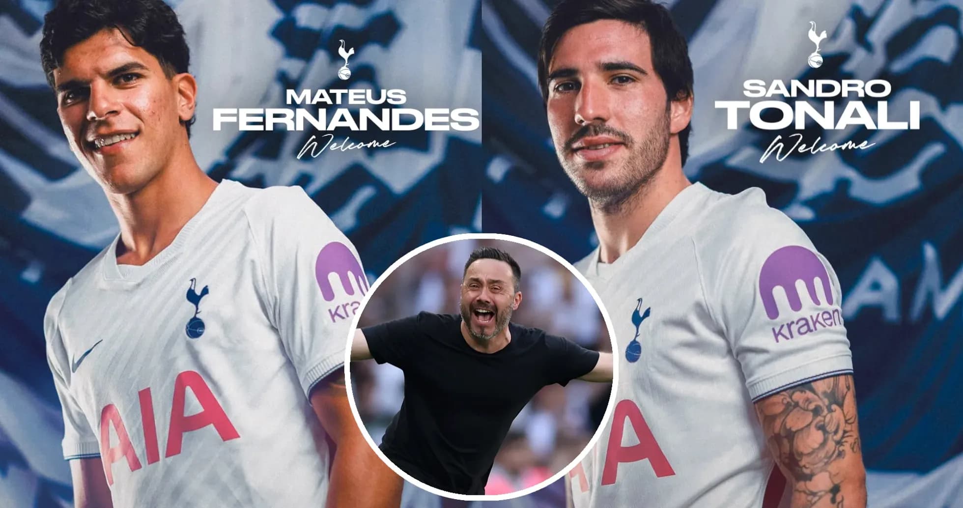 Mateus Fernandes y Sandro Tonali en camisetas de Tottenham