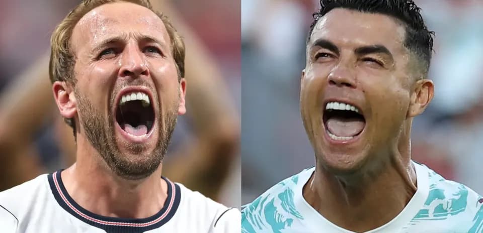 Harry Kane y Cristiano Ronaldo gritando en el campo