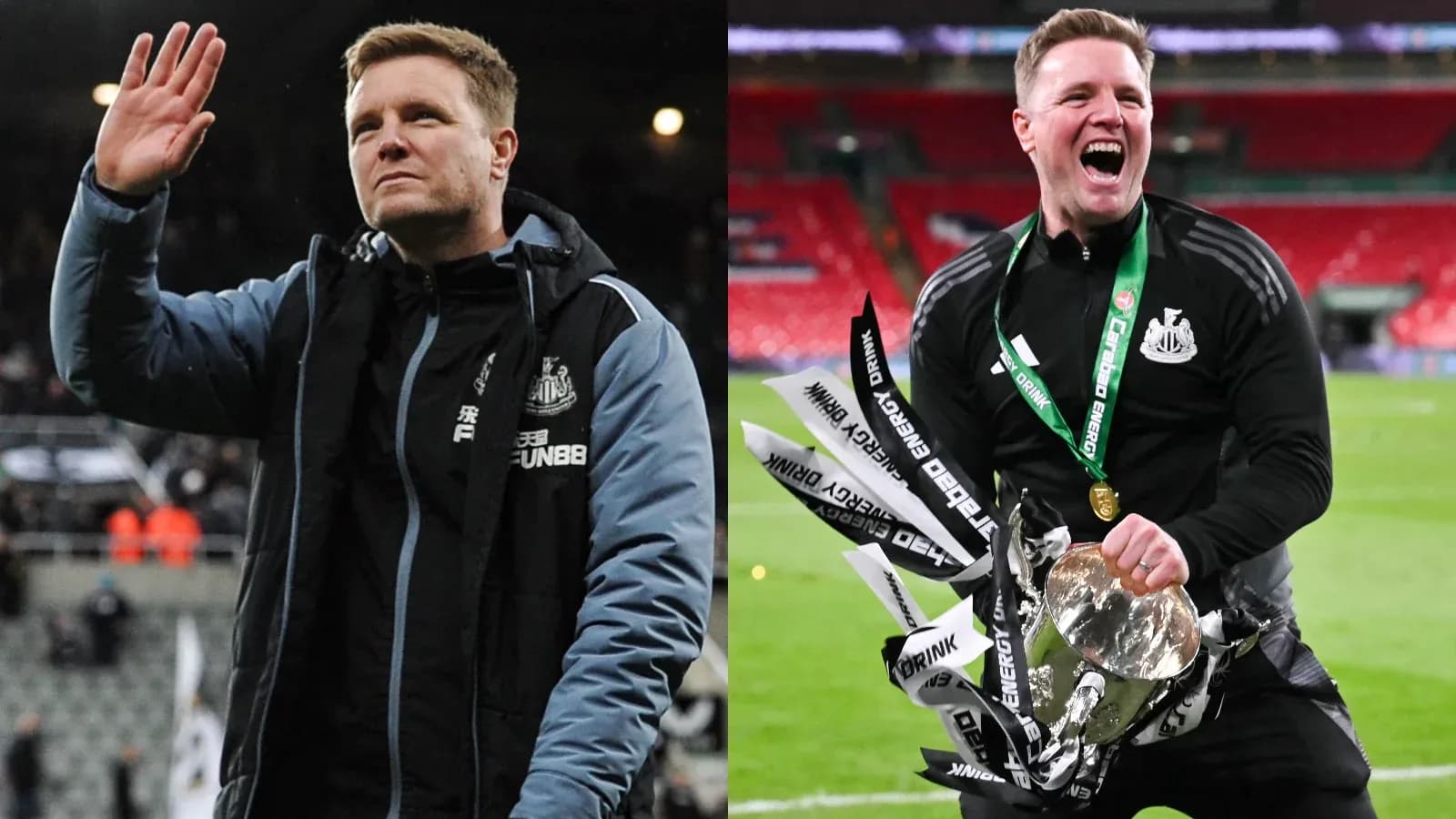 Entrenador de Newcastle saludando y celebrando trofeo