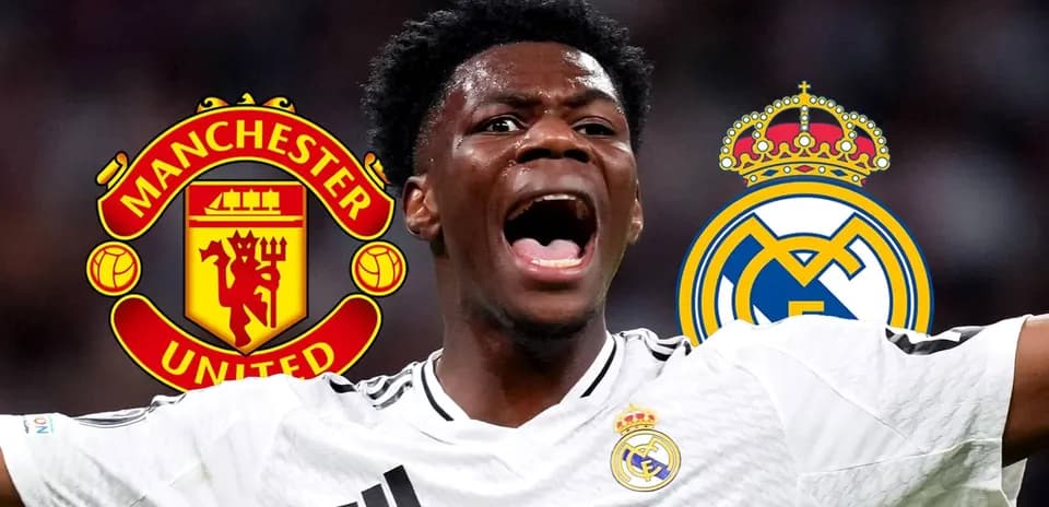 Jugador celebrando con logos de Manchester United y Real Madrid