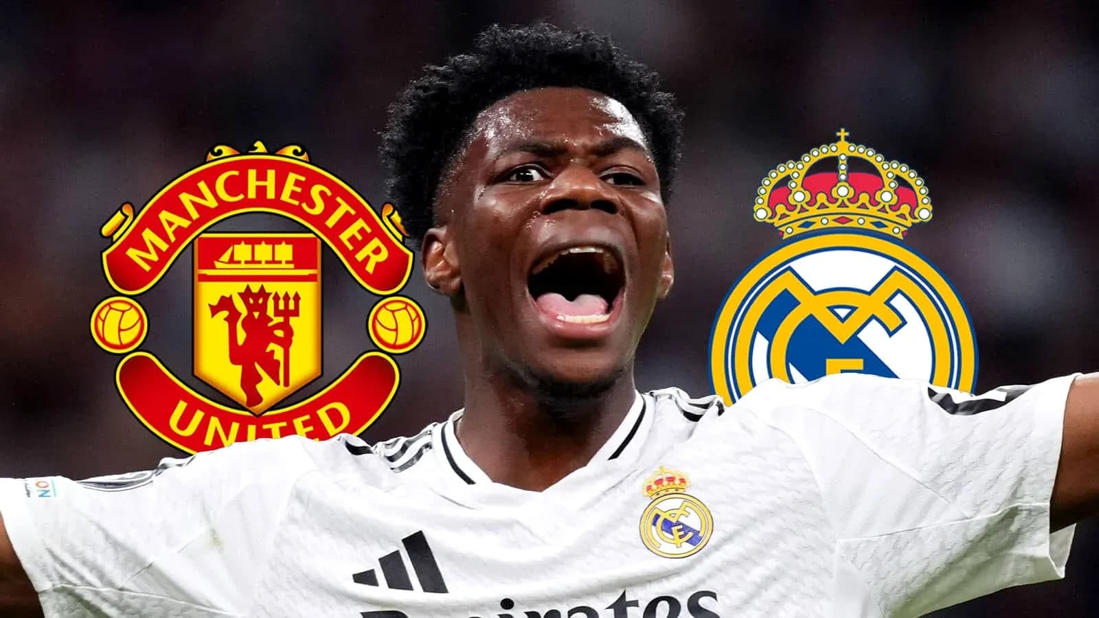 Jugador celebrando con logos de Manchester United y Real Madrid