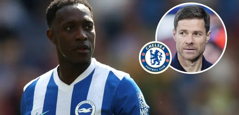 Jugador de Brighton en primer plano con logos de Chelsea