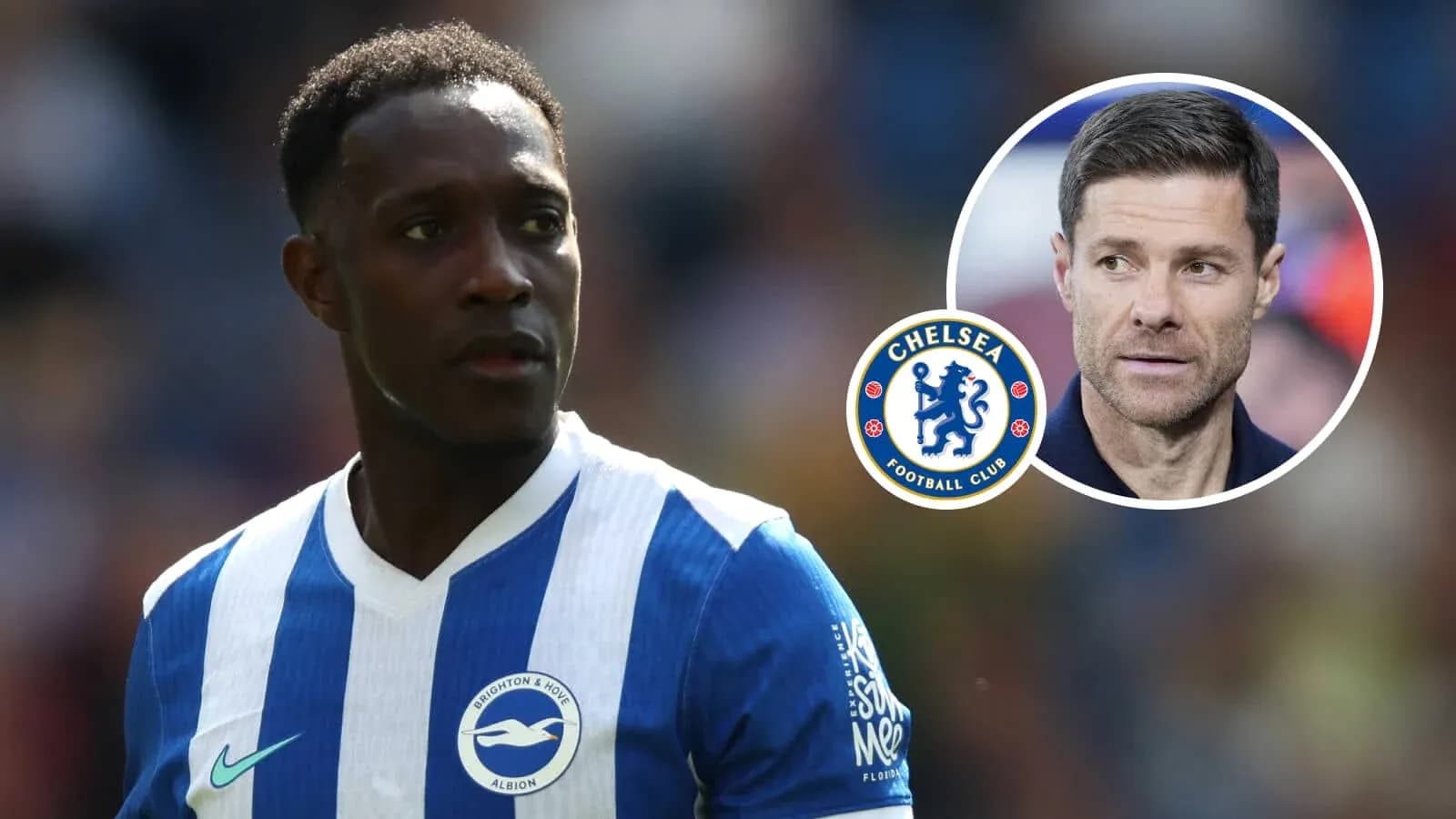 Jugador de Brighton en primer plano con logos de Chelsea