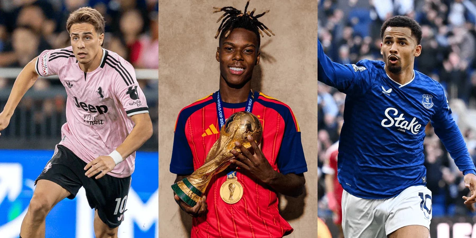 Tres futbolistas en acción y celebrando un trofeo