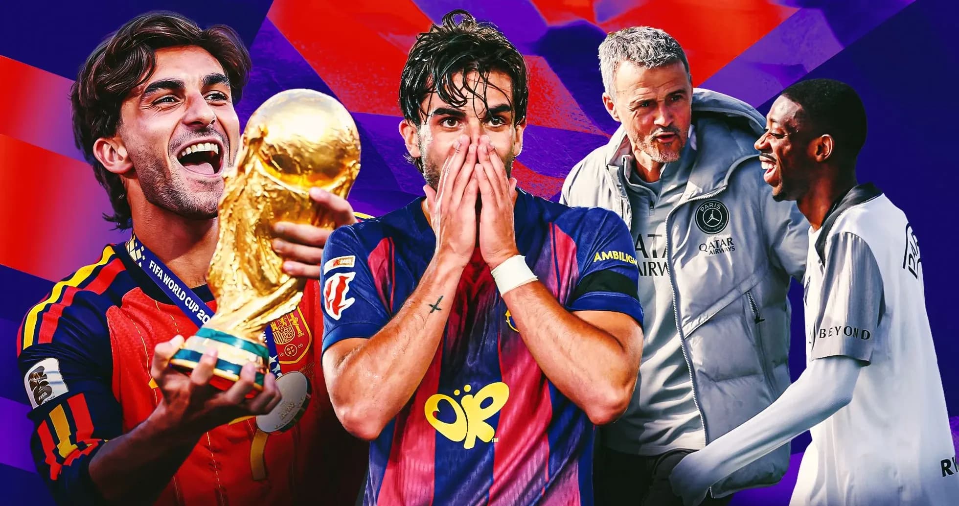Jugadores de fútbol celebrando y conversando en fondo colorido