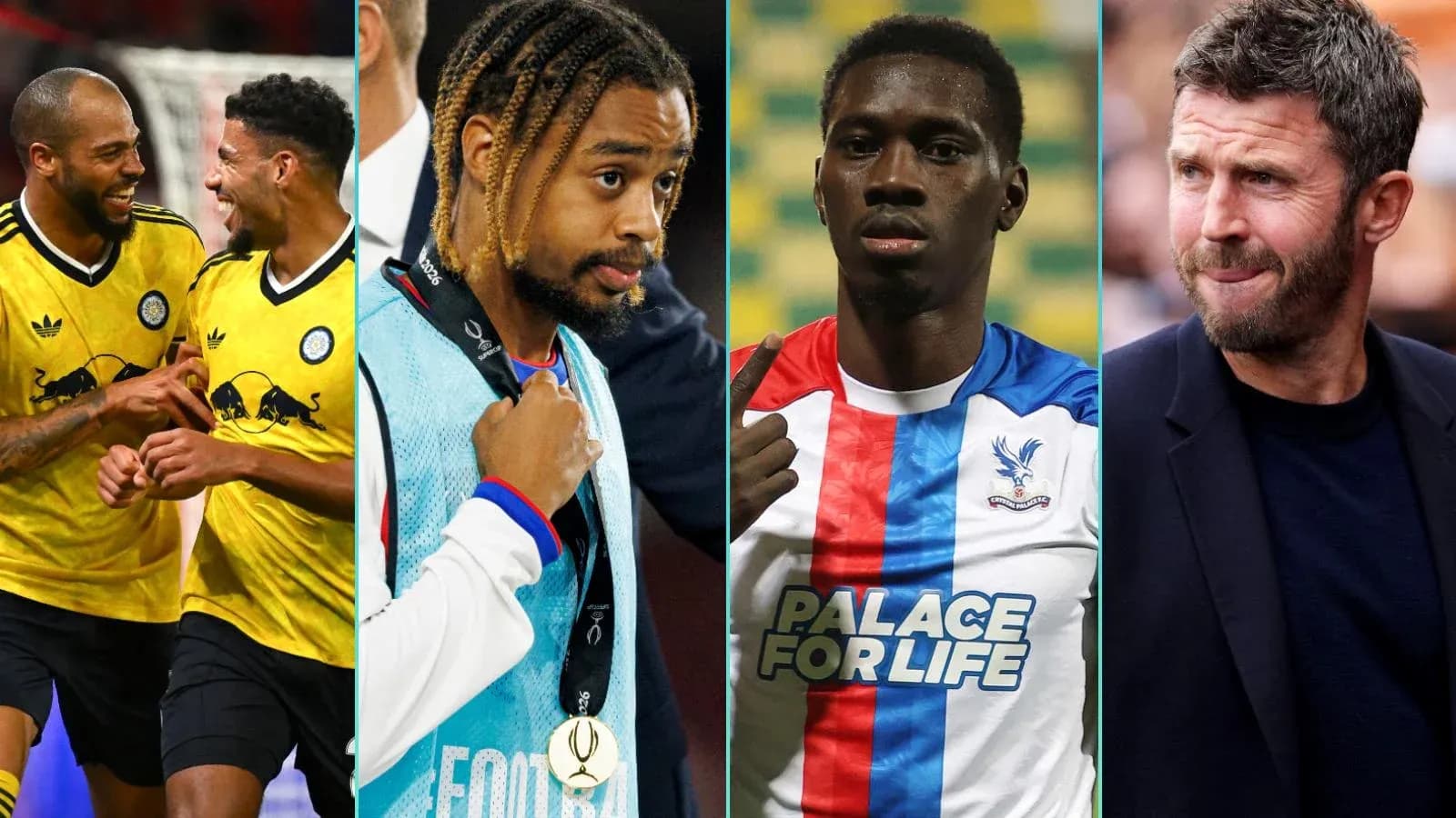 Jugadores y entrenador de fútbol en diversos momentos