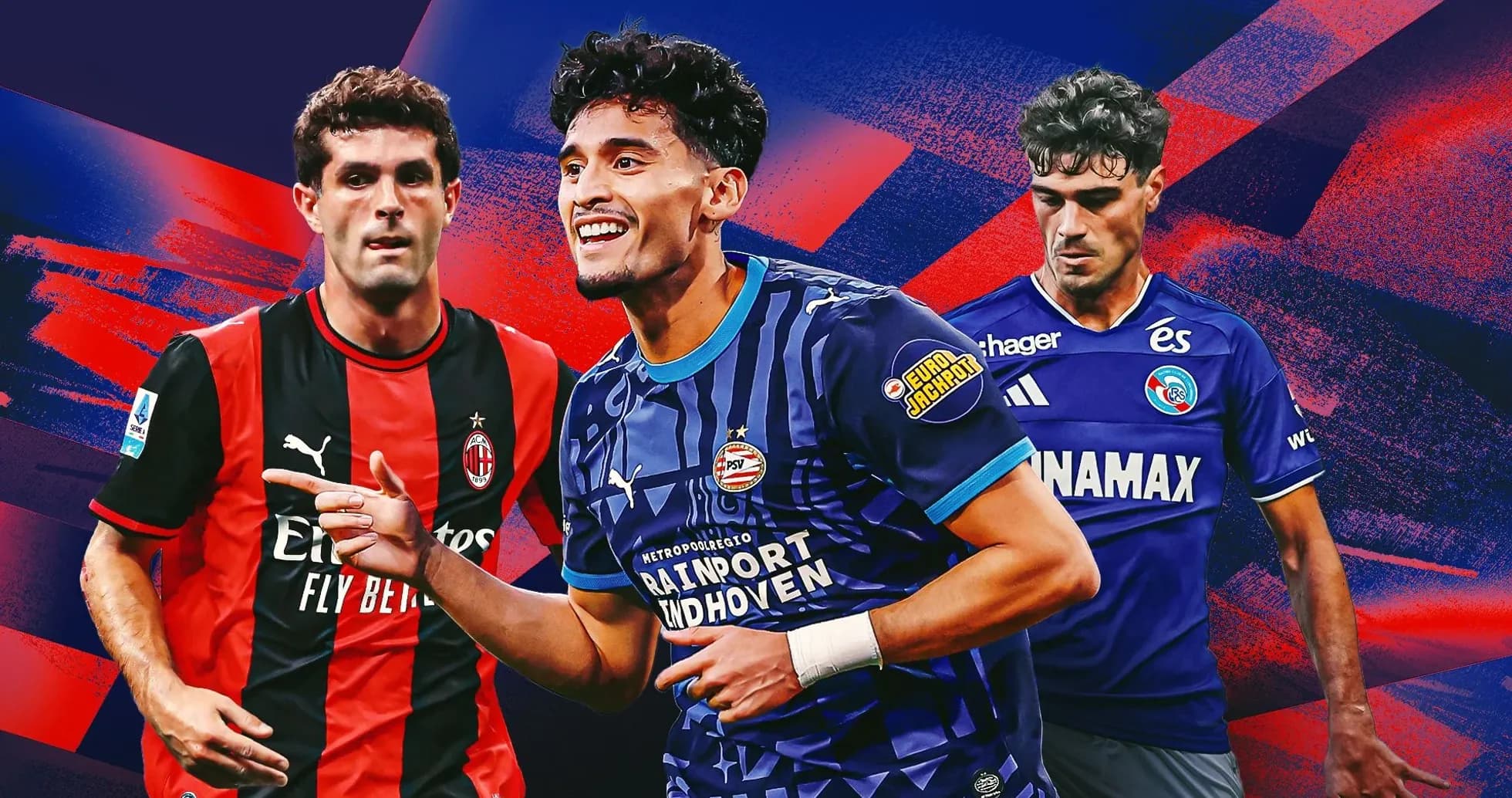 Tres jugadores de fútbol en acción con fondo colorido