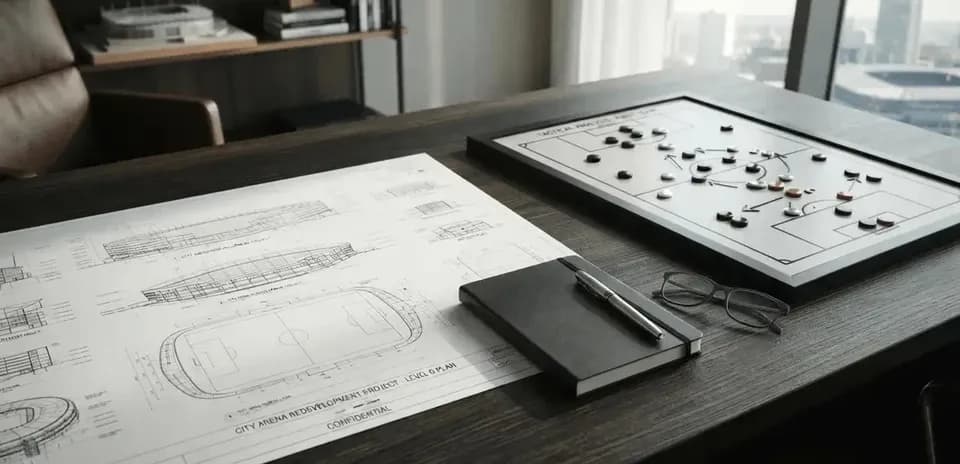 Planos de estadio y tablero de estrategia en mesa