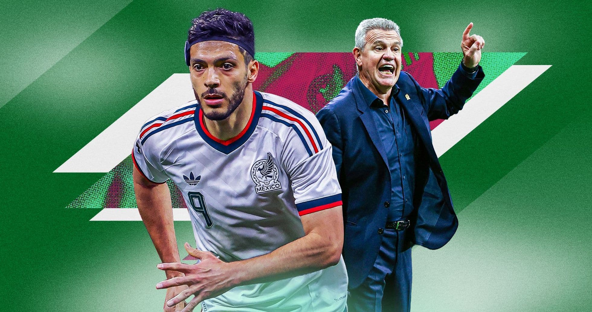 Jugador de México corriendo con entrenador en fondo verde