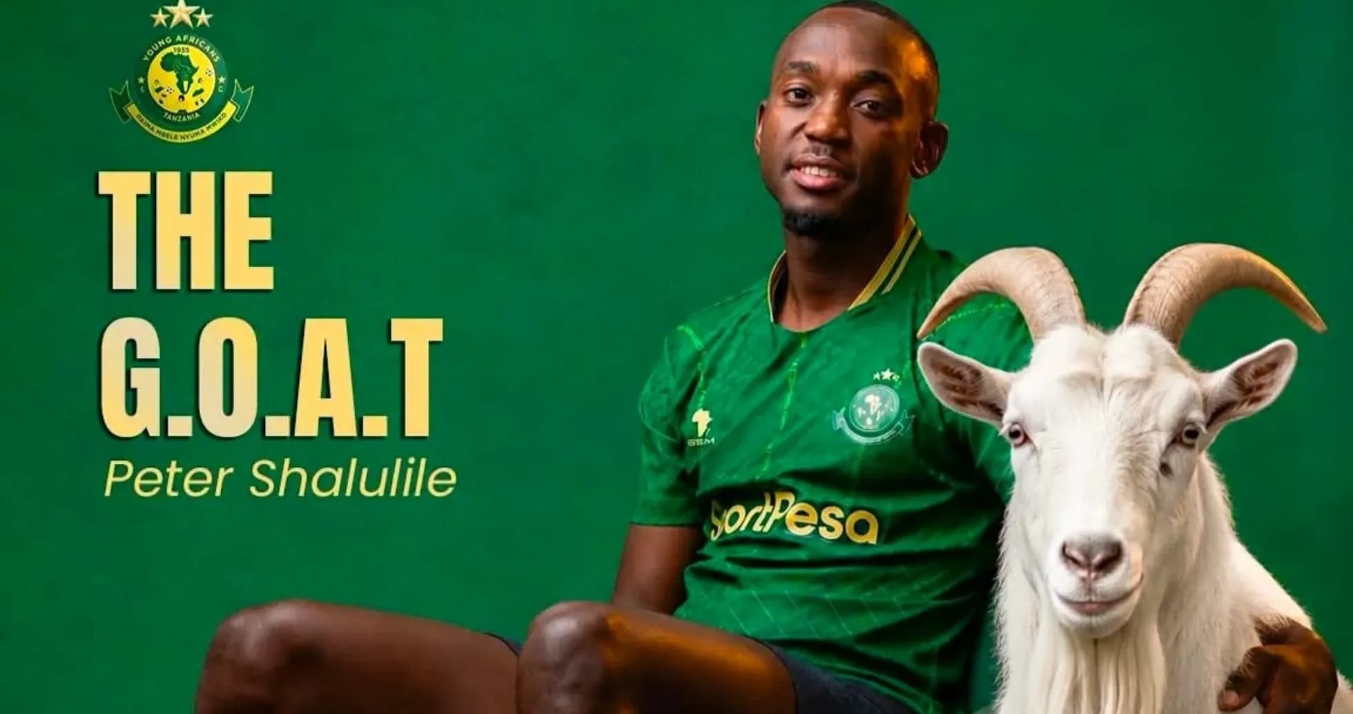 Jugador con camiseta de Young Africans junto a una cabra