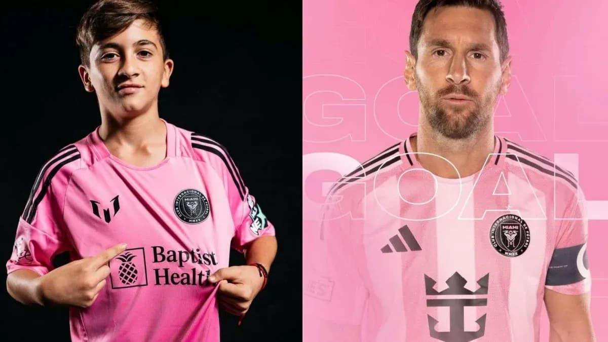 Niño y jugador en camisetas rosa del Inter Miami