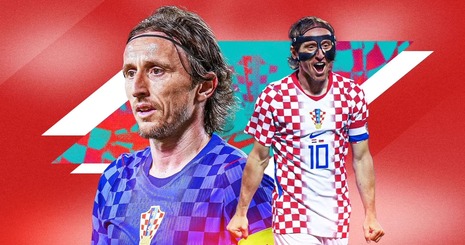 Luka Modrić en uniforme de Croacia con fondo colorido
