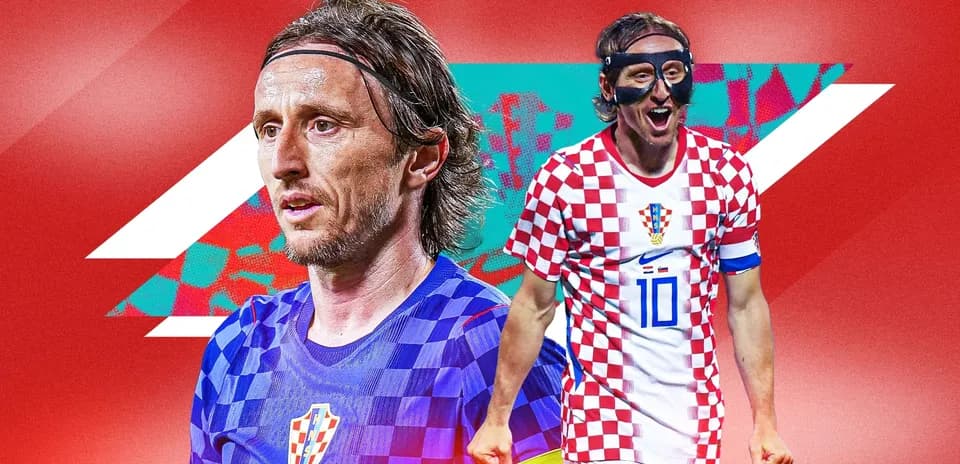 Luka Modrić en uniforme de Croacia con fondo colorido