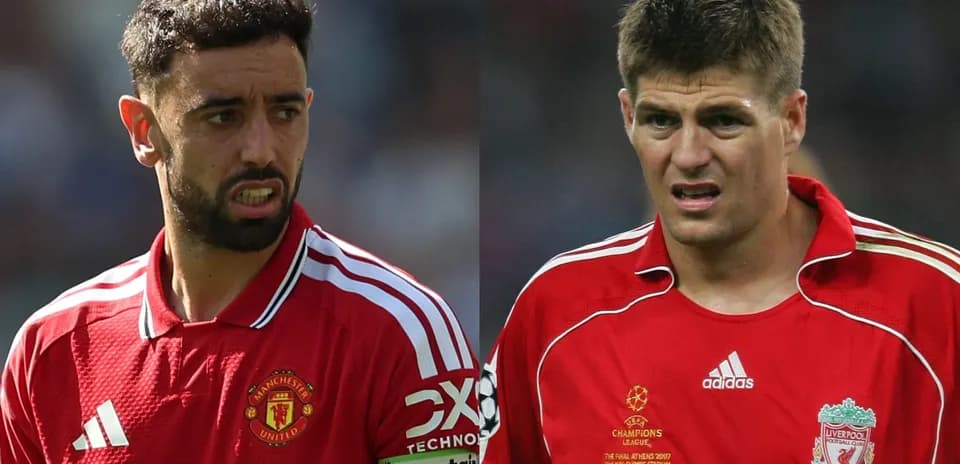Bruno Fernandes y Steven Gerrard en camisetas de equipo