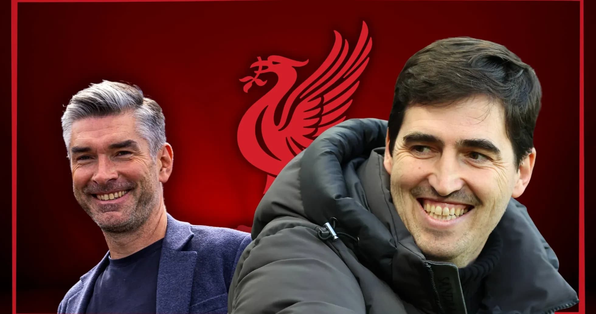 Entrenadores sonriendo con fondo del logo de Liverpool