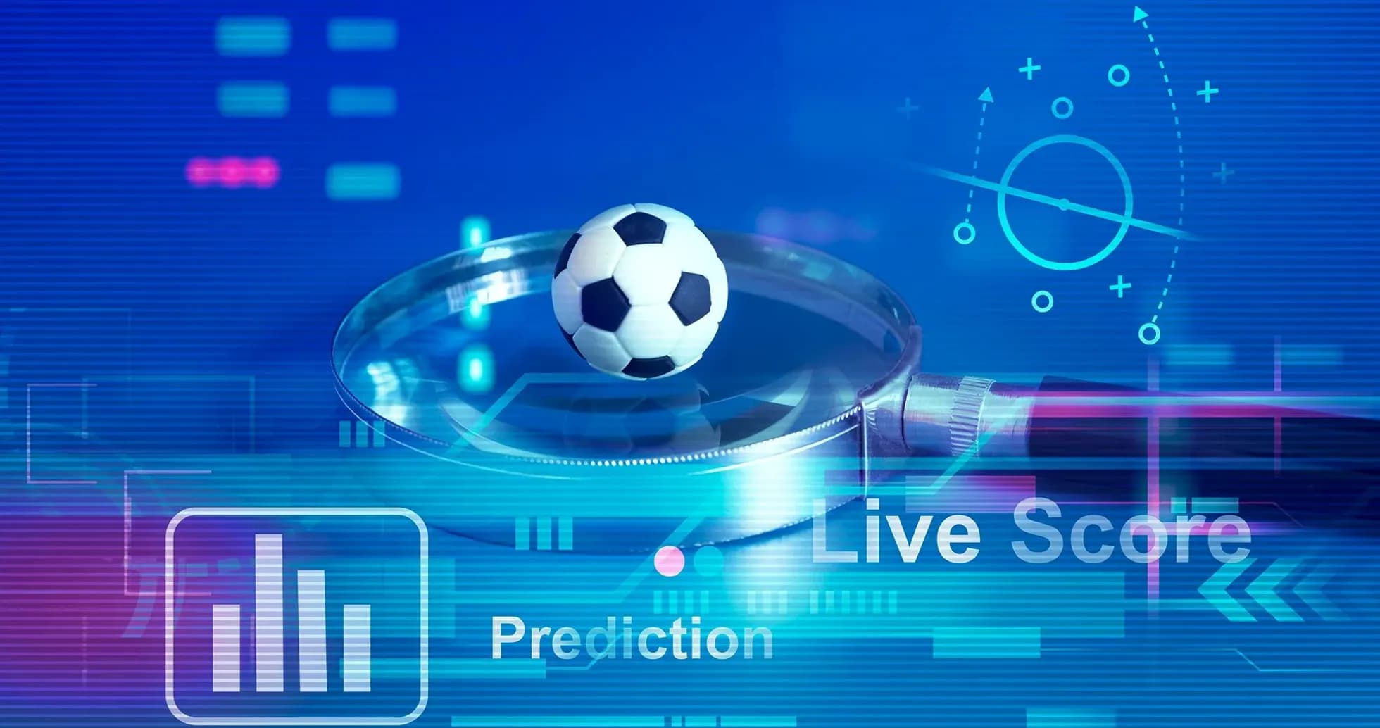 Balón de fútbol sobre lupa con datos analíticos