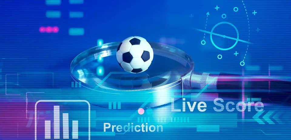 Balón de fútbol sobre lupa con datos analíticos