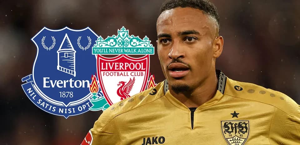 Jugador con camisetas de Everton y Liverpool en fondo