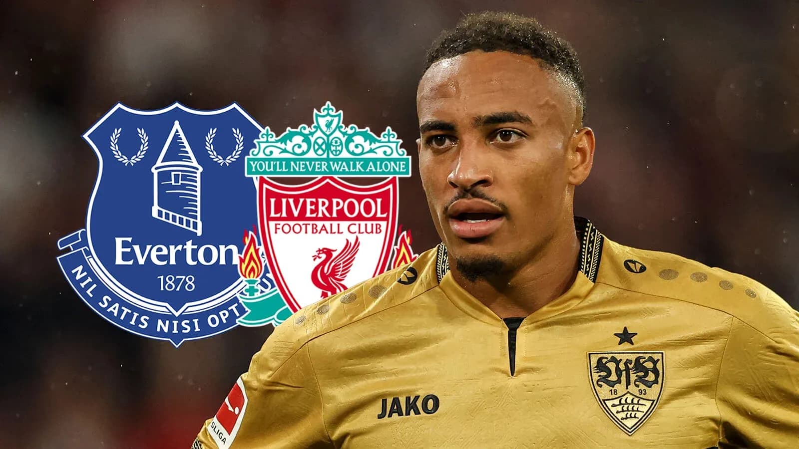 Jugador con camisetas de Everton y Liverpool en fondo