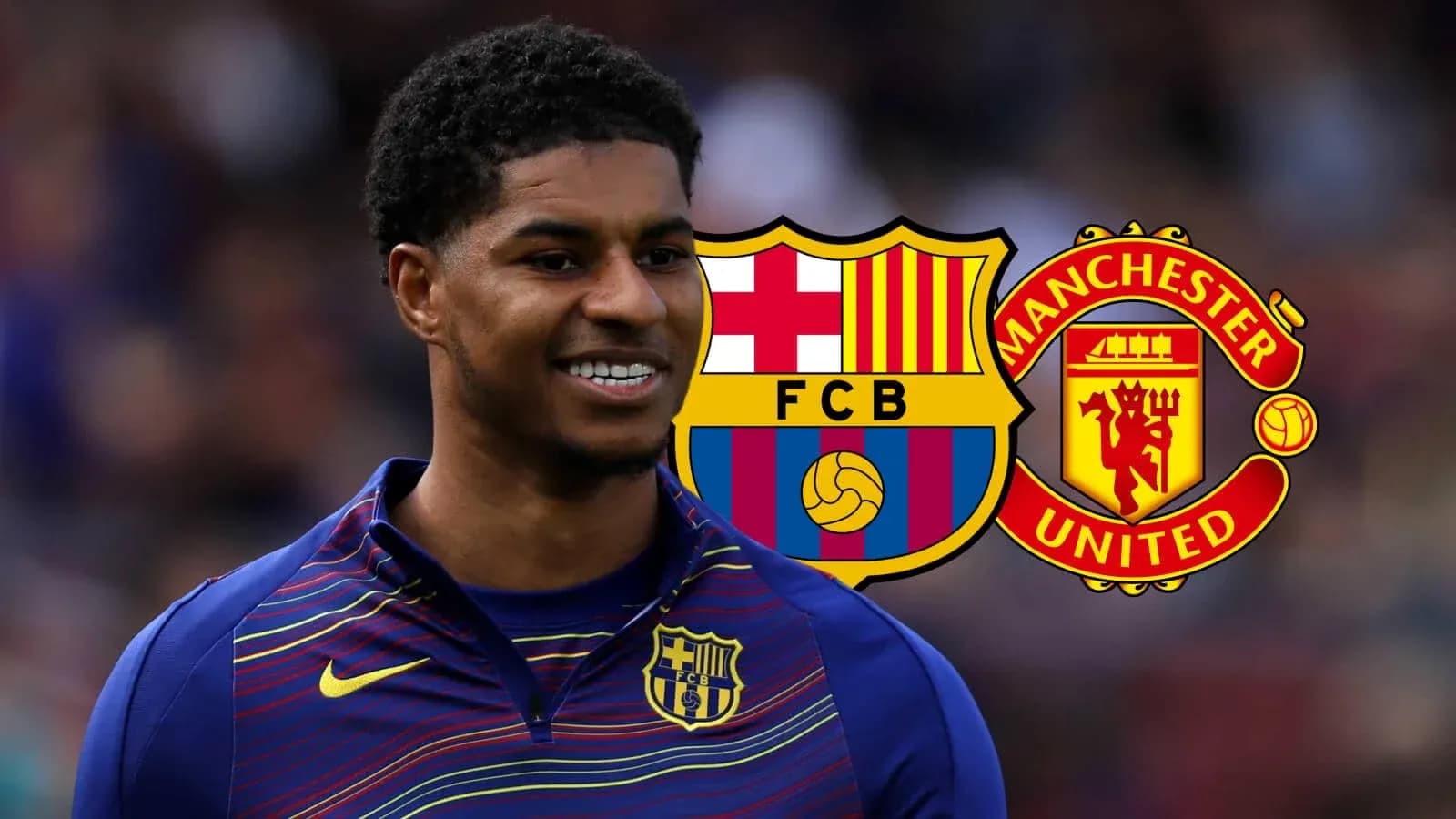 Jugador sonriente con logos de Barcelona y Manchester United