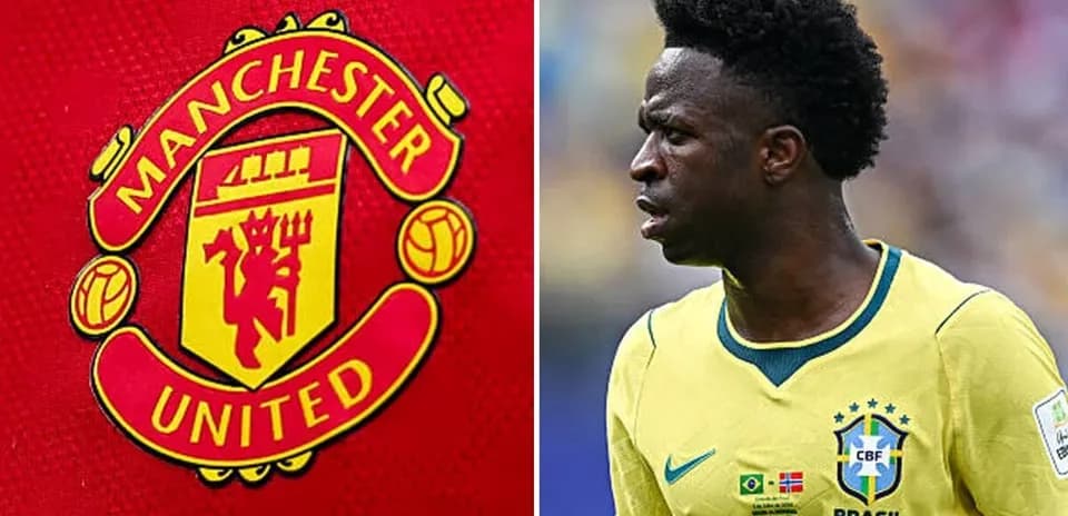 Logo de Manchester United y jugador brasileño en acción