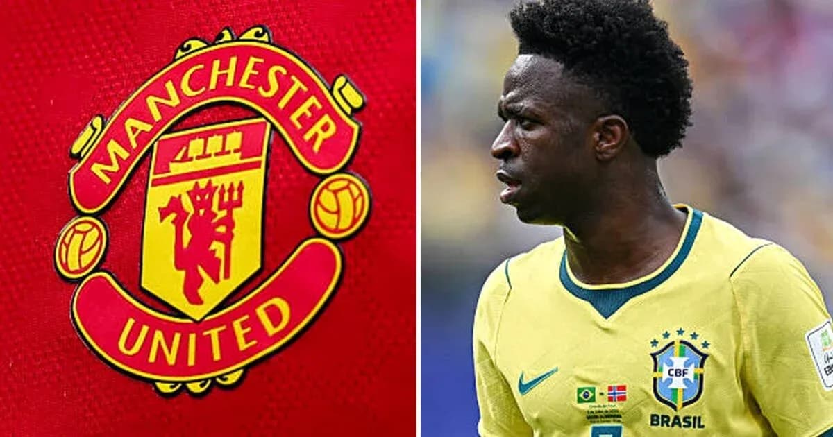 Logo de Manchester United y jugador brasileño en acción