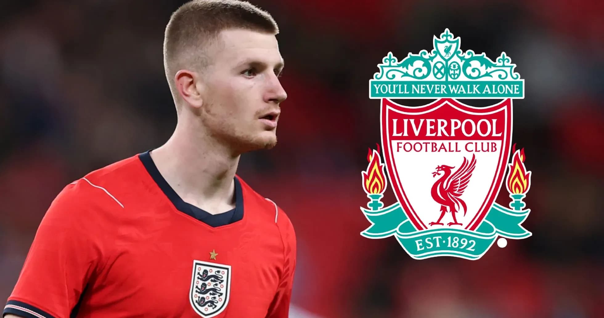 Jugador de Inglaterra con camiseta roja y escudo de Liverpool