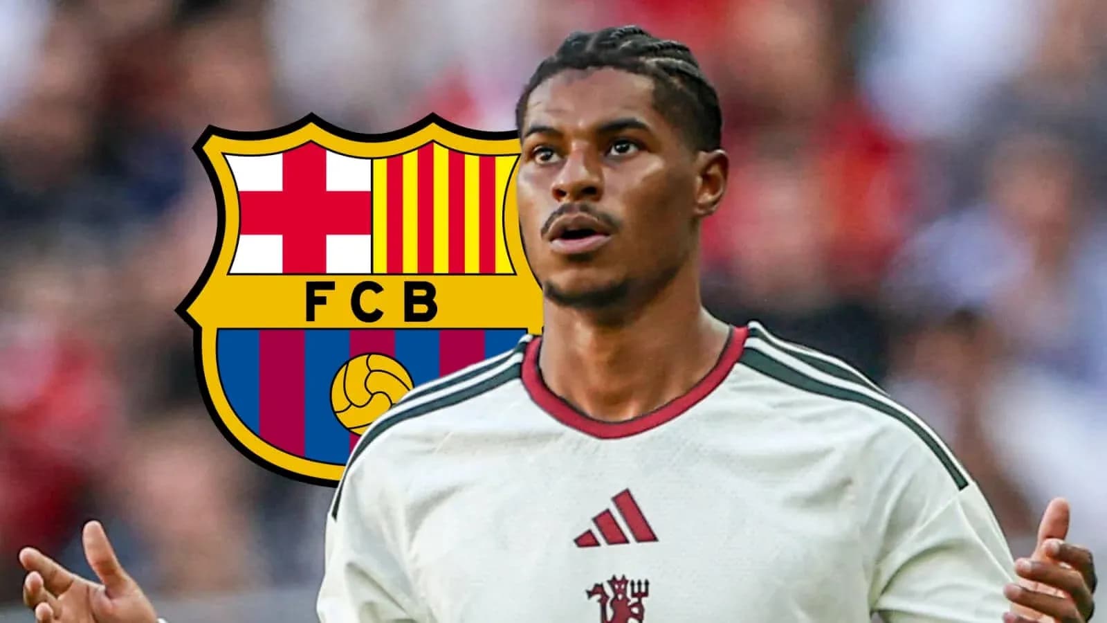 Jugador en uniforme con logo del FC Barcelona de fondo