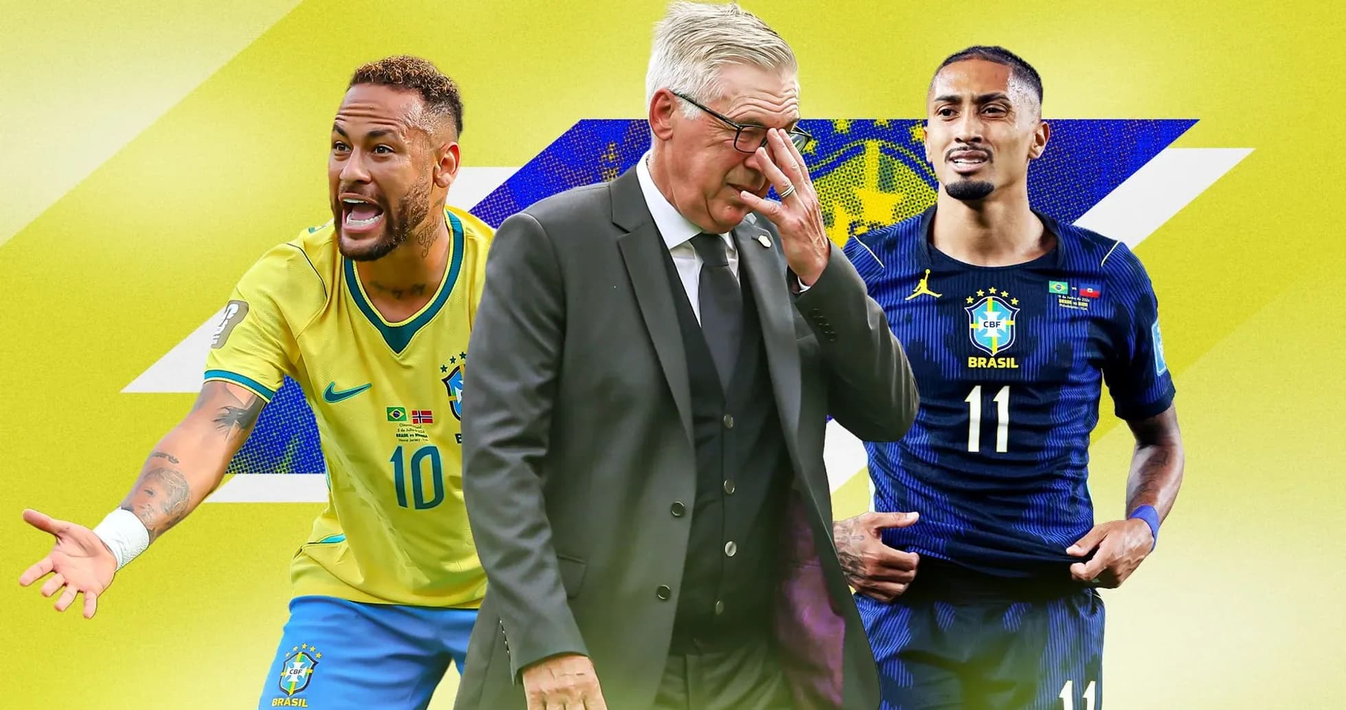 Neymar y otros jugadores de Brasil en fondo amarillo