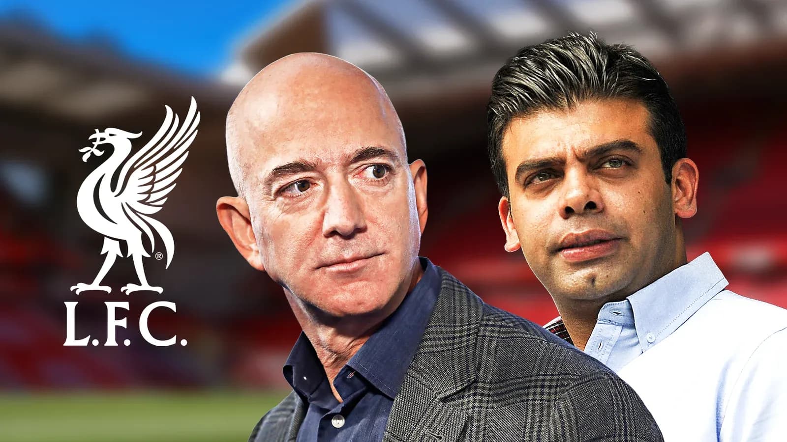 Jeff Bezos y otro empresario frente al estadio de Liverpool