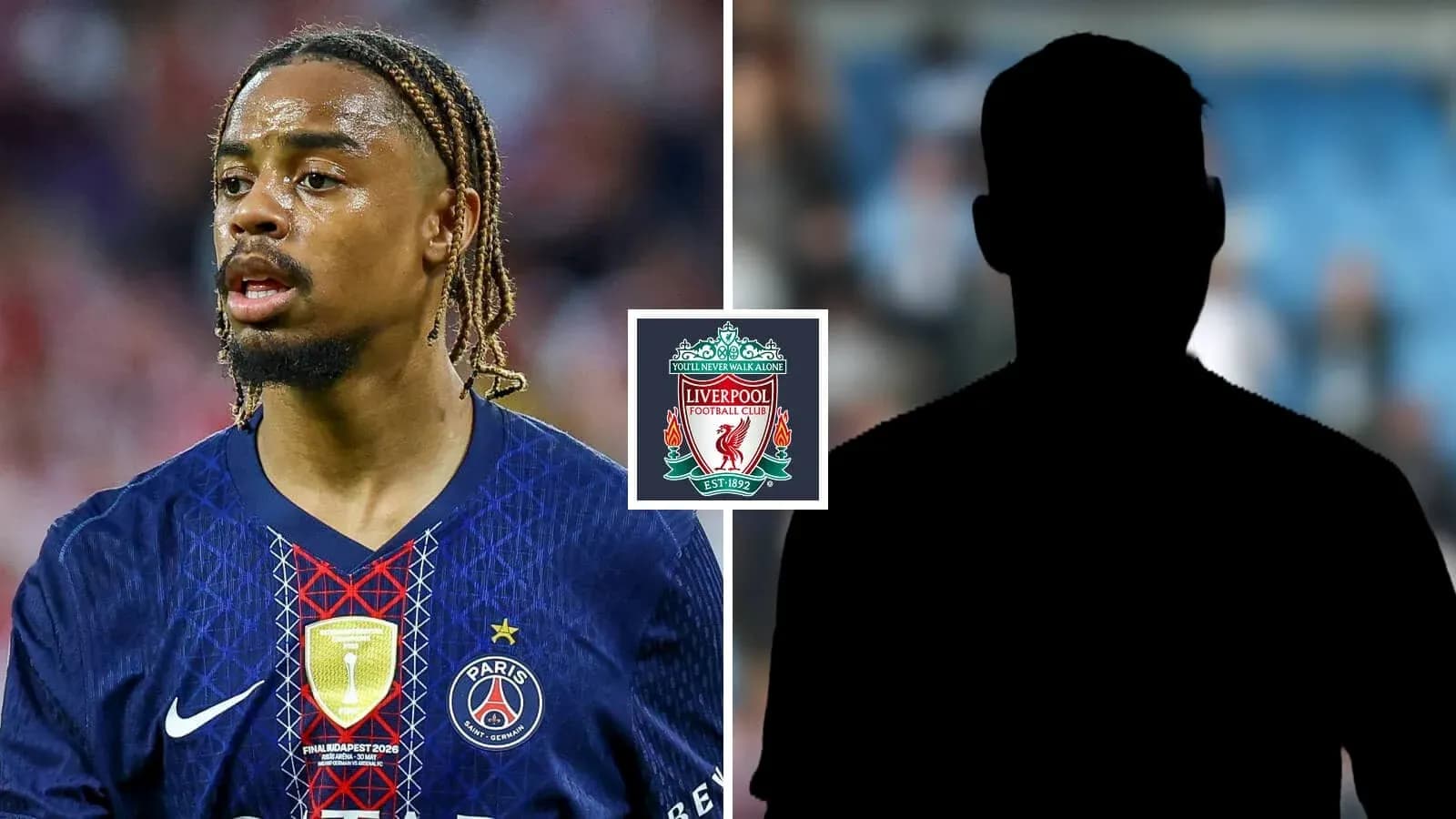 Jugador de PSG con logotipo de Liverpool en fondo