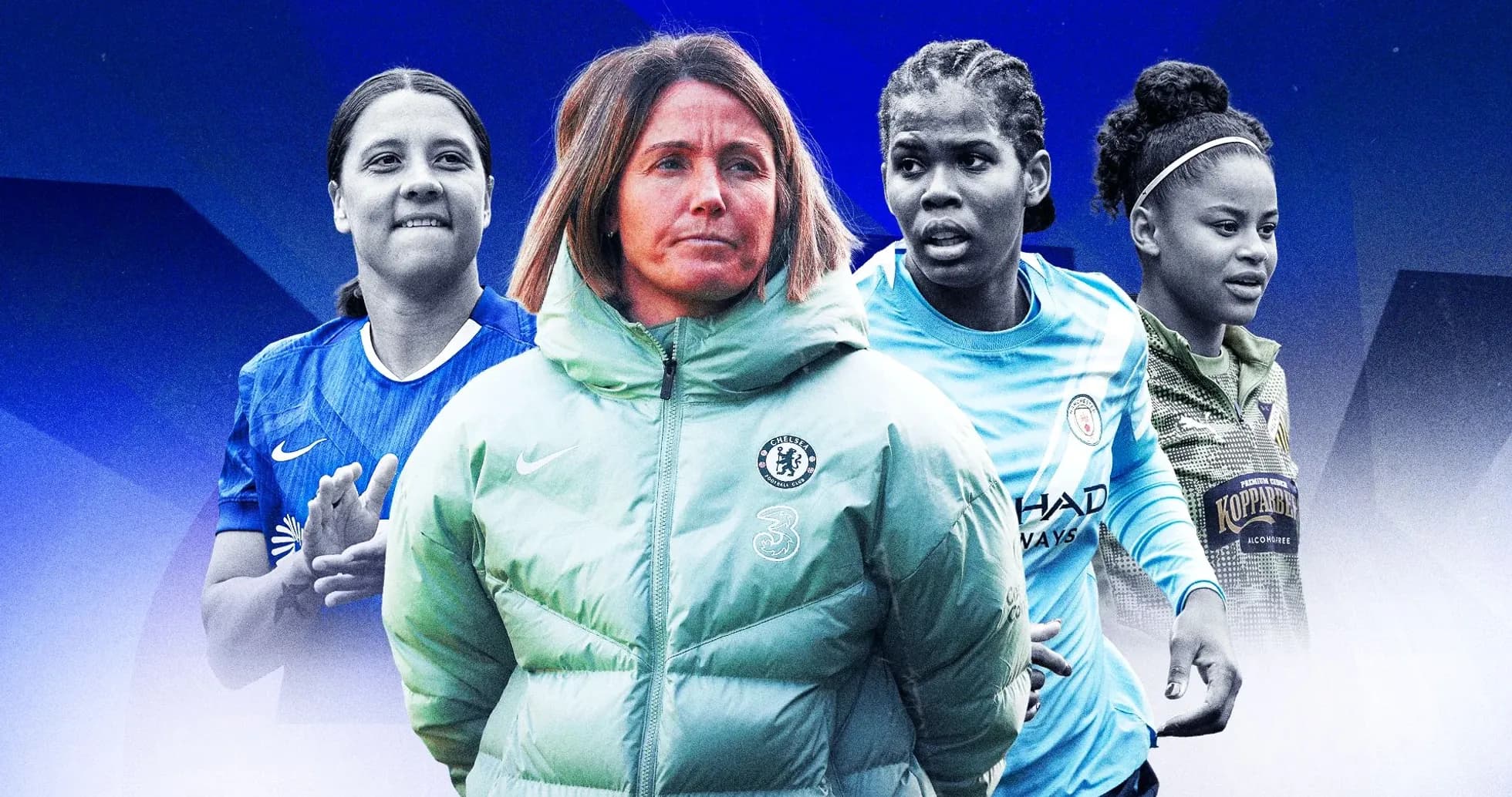 Jugadoras de fútbol y entrenadora en fondo azul
